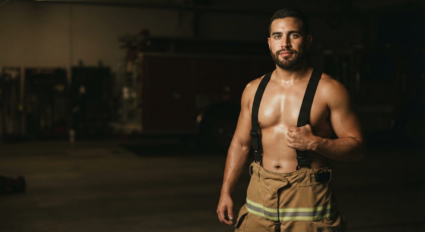Smiling gay firefighter in firehouse uniform