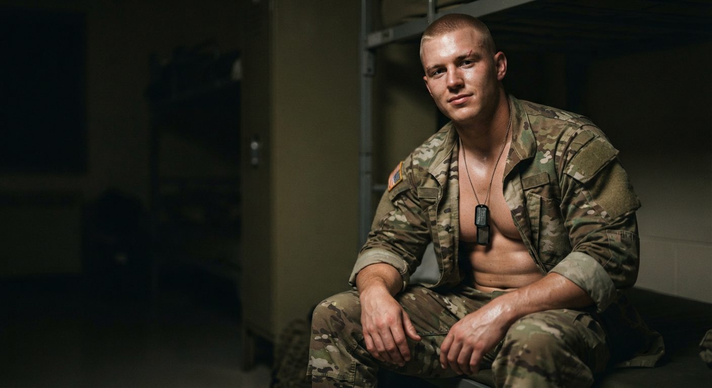 Shirtless gay military man in fatigues on base